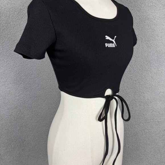 Puma Women's Classic Fit Ribbed Crop Top String Tie Bottom Hem XS Black NWOT's - Picture 3 of 8